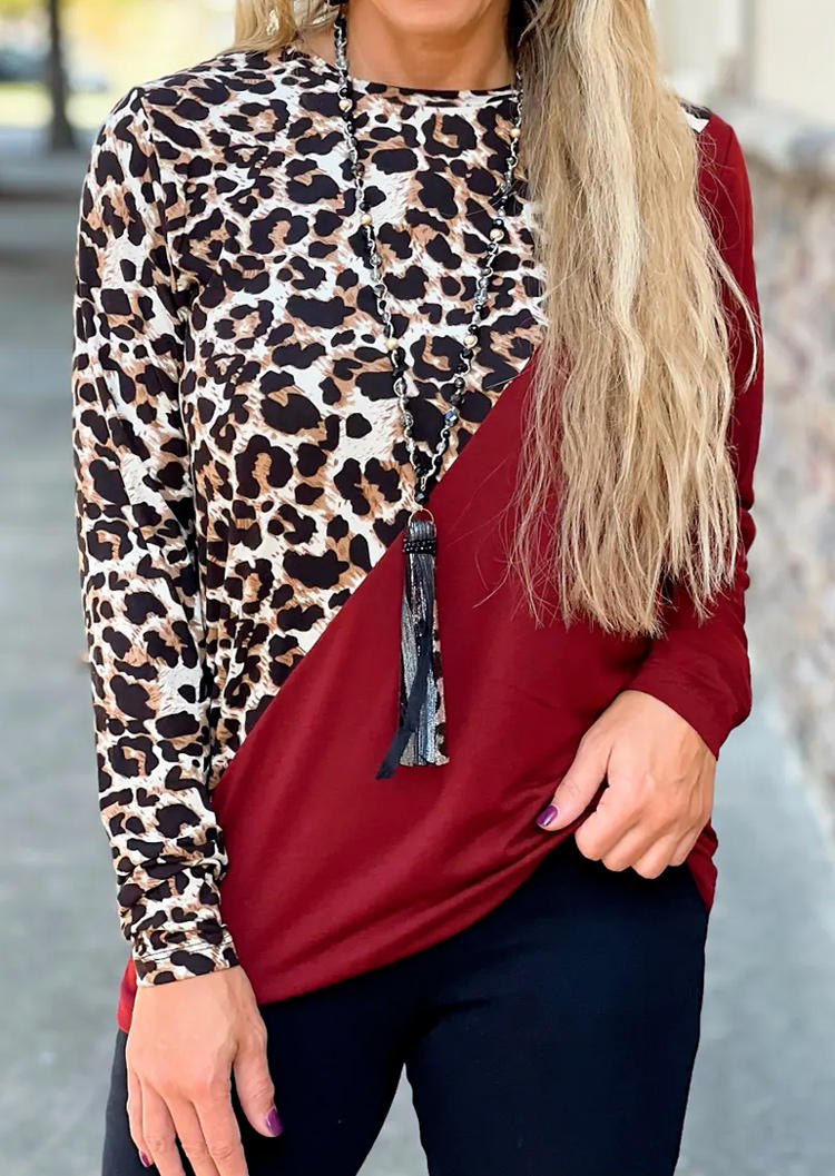 

Blouses Leopard Color-Blocked Long Sleeve Blouse in Multicolor. Size: L,M