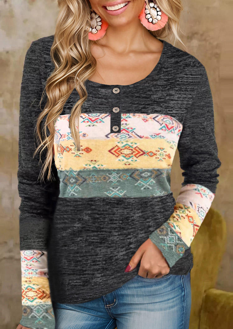 

Blouses Aztec Geometric Button Western Blouse in Gray. Size: L,M,,XL