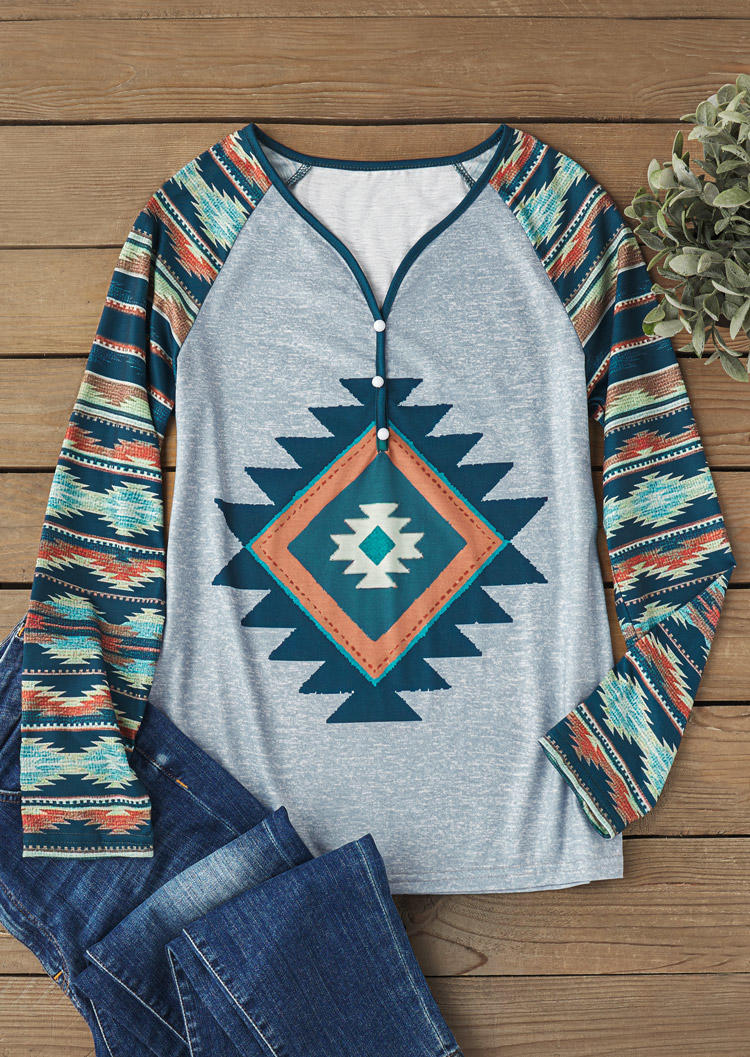 

Blouses Aztec Geometric Western Long Sleeve Blouse in Multicolor. Size