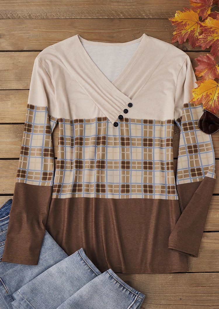 

Blouses Plaid Color-Blocked V-Neck Blouse in Multicolor. Size: L,M,,XL