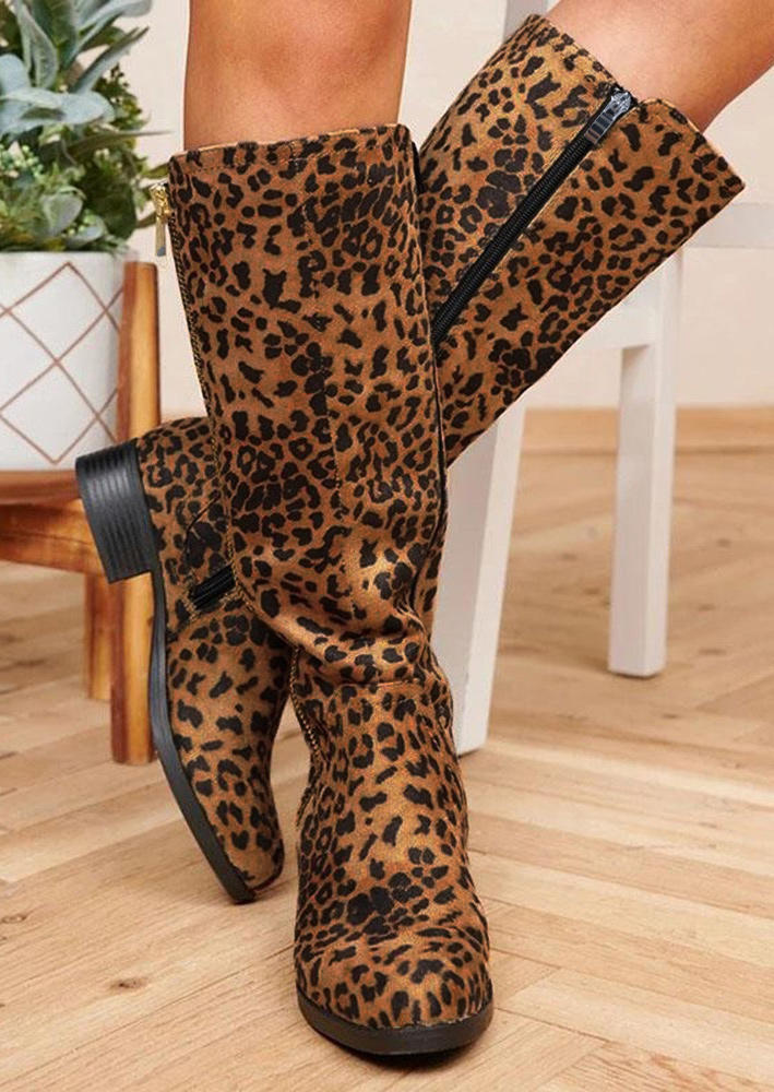 Leopard Zipper Flannel Pointed Toe Boots