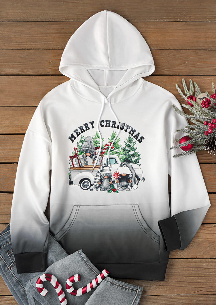 

Hoodies Merry Christmas Gnome Drawstring Kangaroo Pocket Hoodie in White. Size: M