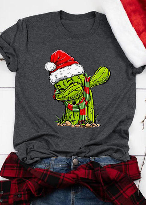 Christmas Hat Cactus O-Neck T-Shirt Tee - Gray