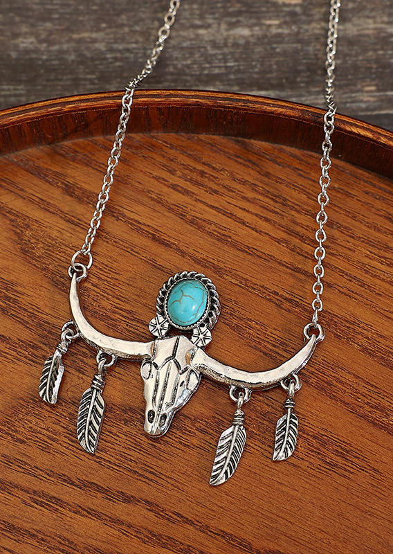 

Necklaces Steer Skull Turquoise Alloy Western Pendant Necklace in Silver. Size