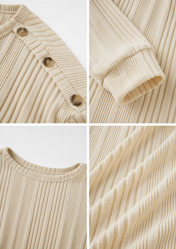 Plain Textured Ribbed Button Long Sleeve Blouse - Apricot