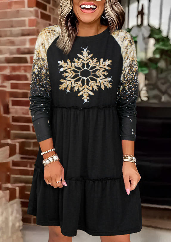 Christmas Snowflake Glitter Mini Dress - Black