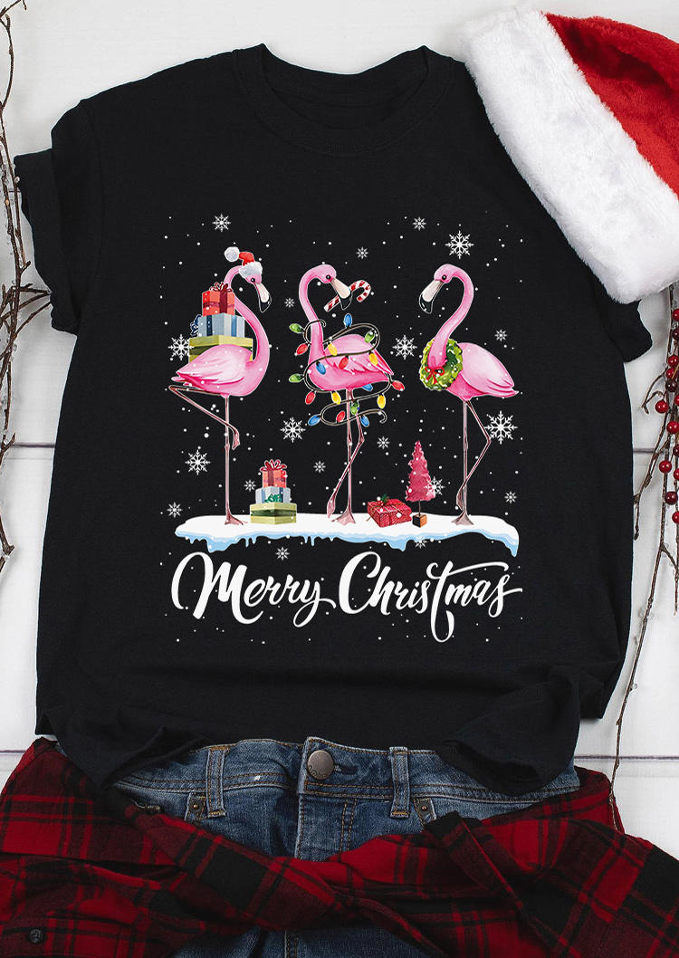 

T-shirts Tees Merry Christmas Flamingo Snowflake T-Shirt Tee in Black. Size