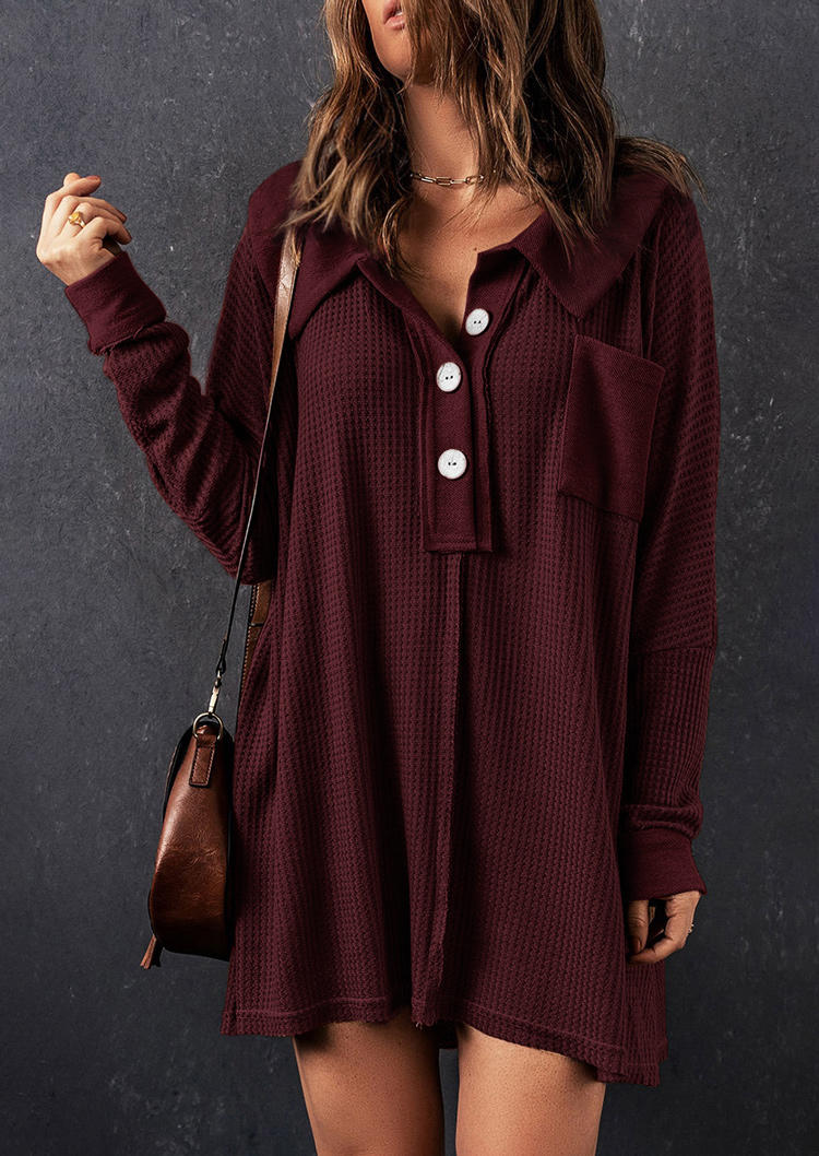 

Mini Dresses Button Pocket Waffle Long Sleeve Mini Dress in Red. Size: L,M,,XL