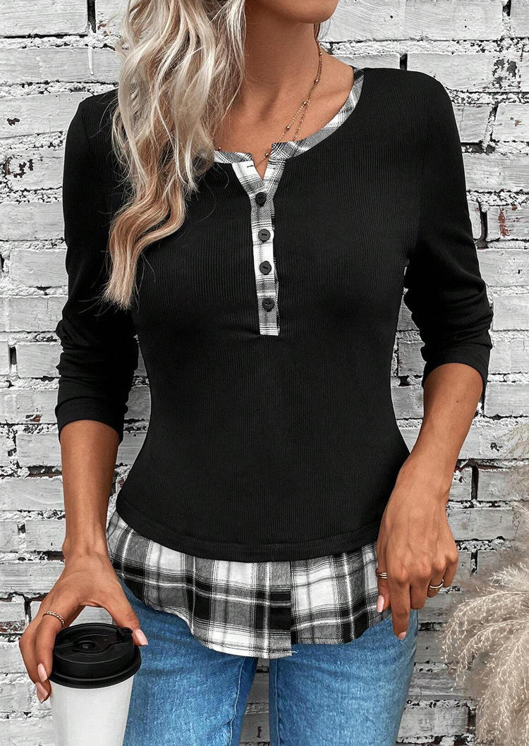 

Blouses Plaid Button Fake Two-Piece Blouse in Black. Size: L,M,,XL
