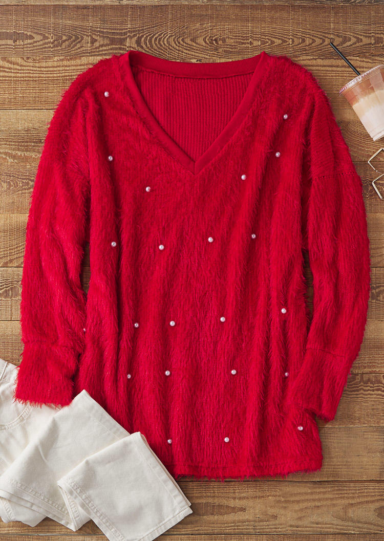 

Sweaters Pearls Loose V-Neck Sweater in Red. Size: L