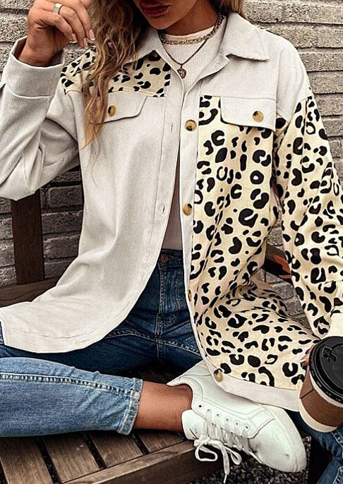 Leopard Color-Blocked Pocket Flap Coat - Apricot
