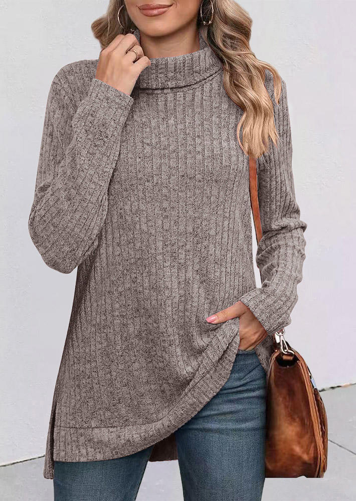 Turtleneck Ribbed Slit Long Sleeve Blouse - Gray