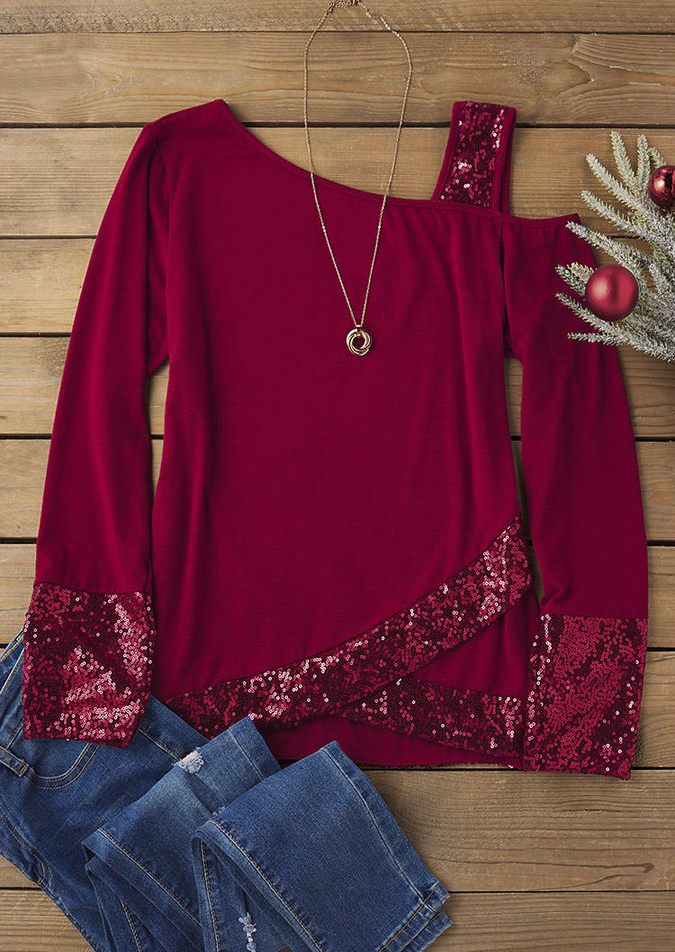 

Blouses Sequined One Sided Cold Shoulder Blouse - Burgundy in Red. Size: ,XL