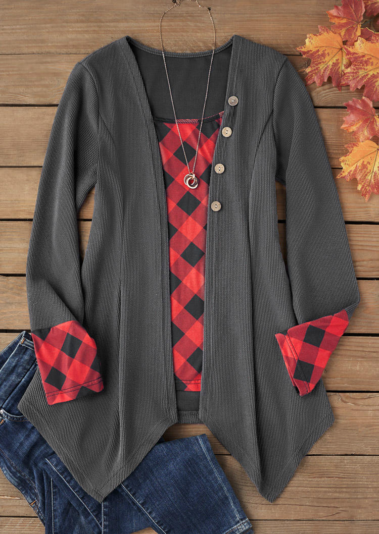 

Blouses Plaid Stitching Fake Two-Piece Blouse - Dark Grey in Gray. Size: L,M