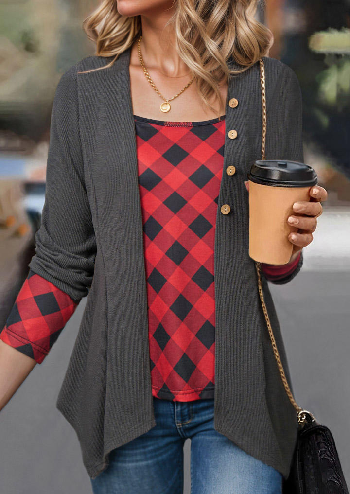 Plaid Stitching Fake Two-Piece Blouse - Dark Grey