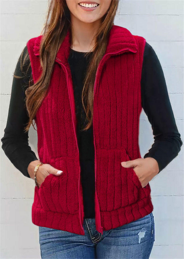 Winter Pocket Zipper Fuzzy Warm Vest Coat - Red