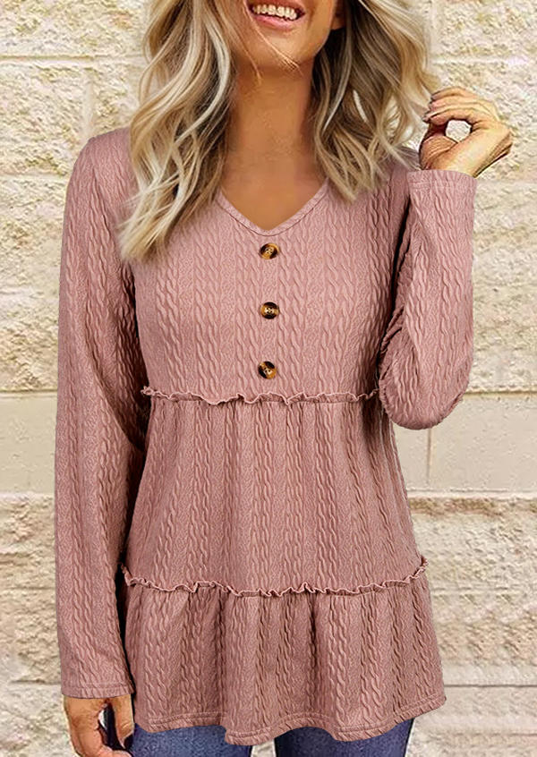 Plain Textured Button Ruffled Blouse - Pink