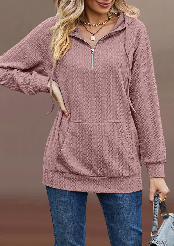 

Hoodies Textured Zipper Drawstring Kangaroo Pocket Hoodie in Pink. Size