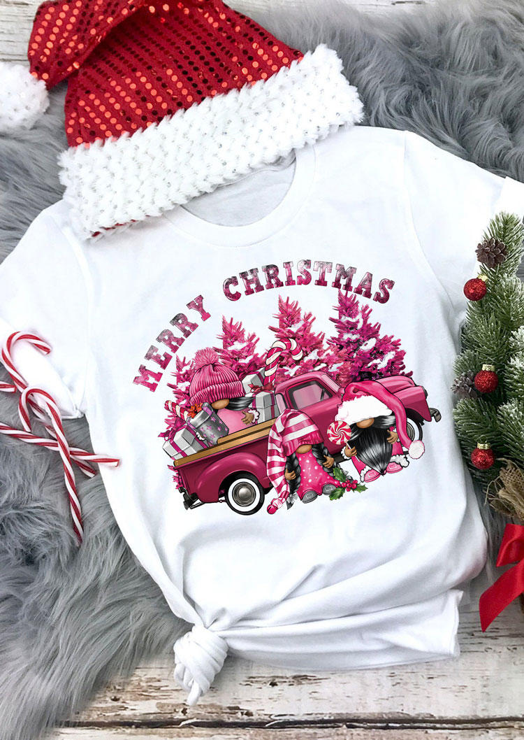 

T-shirts Tees Merry Christmas Pink Gnomies O-Neck T-Shirt Tee in White. Size