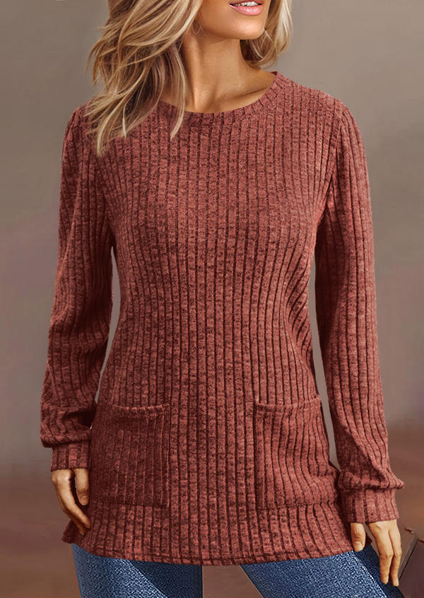 Pocket Ribbed Puff Sleeve Blouse - Orange