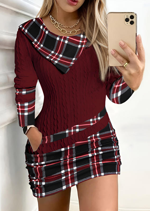

Mini Dresses Plaid Textured Pocket Mini Dress in Red. Size: L,M,,XL