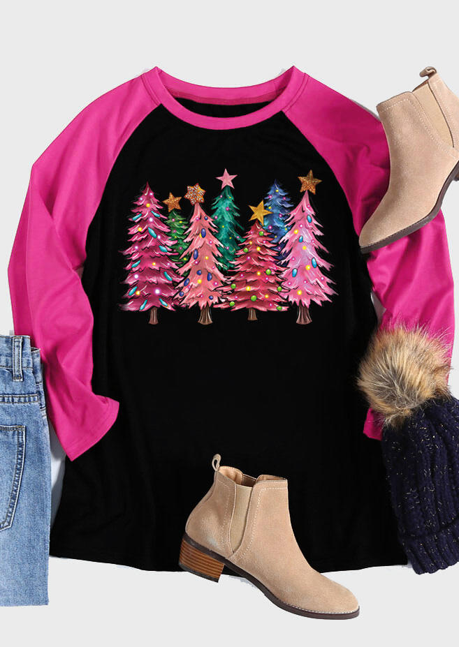 

T-shirts Tees Christmas Pink Tree Raglan Sleeve T-Shirt Tee in Black. Size: L,M,,XL