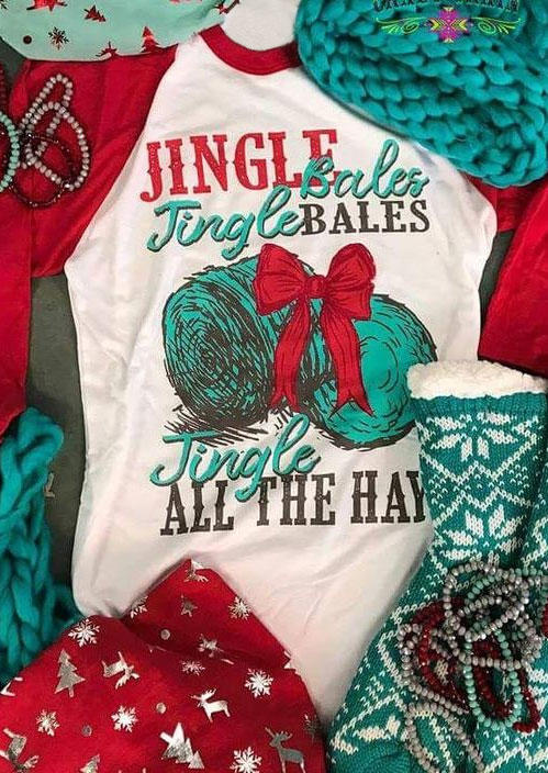 

T-shirts Tees Jingle Bales Jingle All The Hay Christmas Farm T-Shirt Tee in Red. Size: L,M,,XL