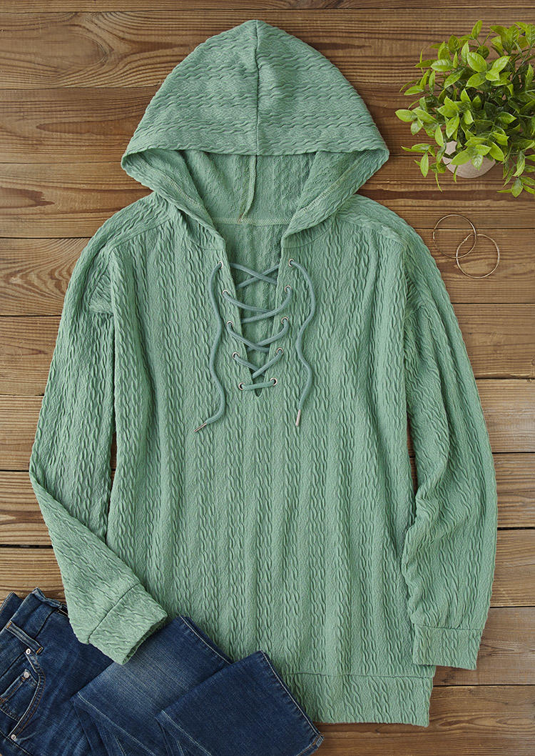 

Hoodies Textured Lace Up Concise Hoodie in Green. Size