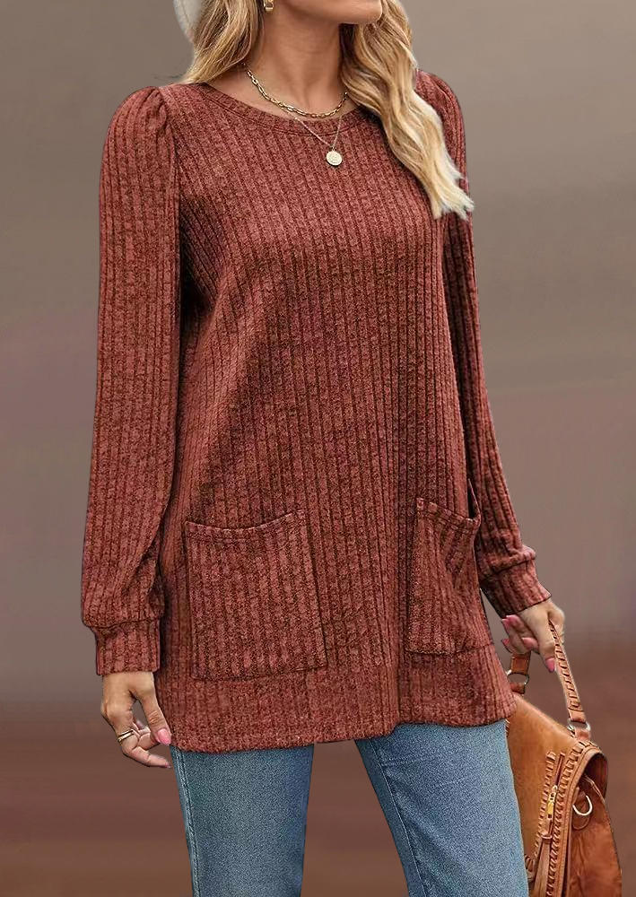 

Blouses Pocket Ribbed Puff Sleeve Blouse in Orange. Size: ,XL
