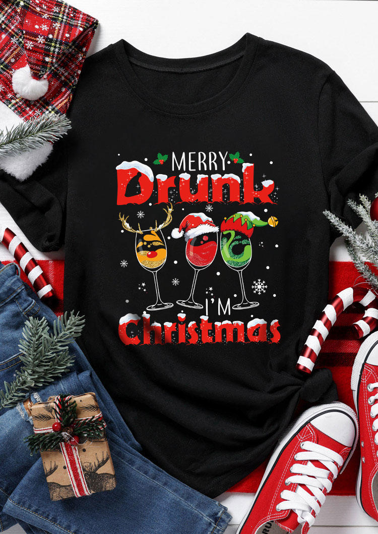 

T-shirts Tees Merry Drunk Christmas O-Neck T-Shirt Tee in Black. Size: L