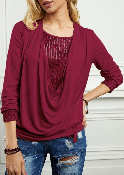 

Blouses Sequined Drawstring Cowl Neck Blouse - Burgundy in Red. Size