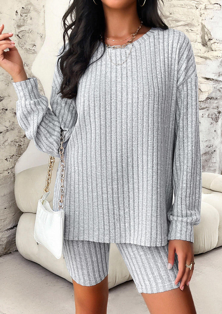 Ribbed O-Neck Blouse And Shorts Pajamas Set - Gray