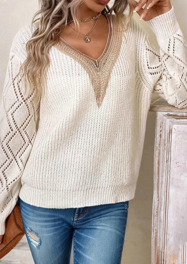 

Sweaters Hollow Out Lace Knitted V-Neck Sweater in White. Size