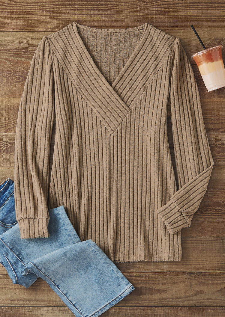 

Blouses Ribbed Elegant V-Neck Blouse in Apricot. Size