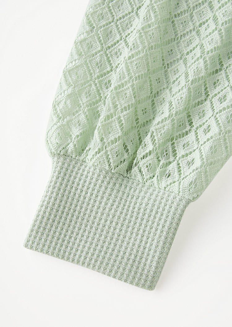 Lace Stitching Waffle Raglan Sleeve Blouse - Light Green