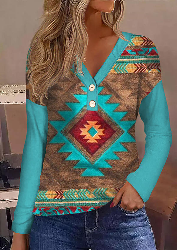 

Blouses Aztec Western Button V-Neck Blouse in Multicolor. Size: L,M,,XL