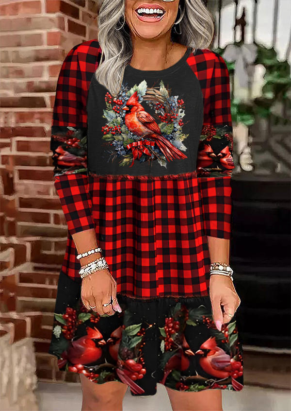 

Mini Dresses Christmas Cardinal Bird Mistletoe Plaid Mini Dress in Multicolor. Size: L,M,,XL