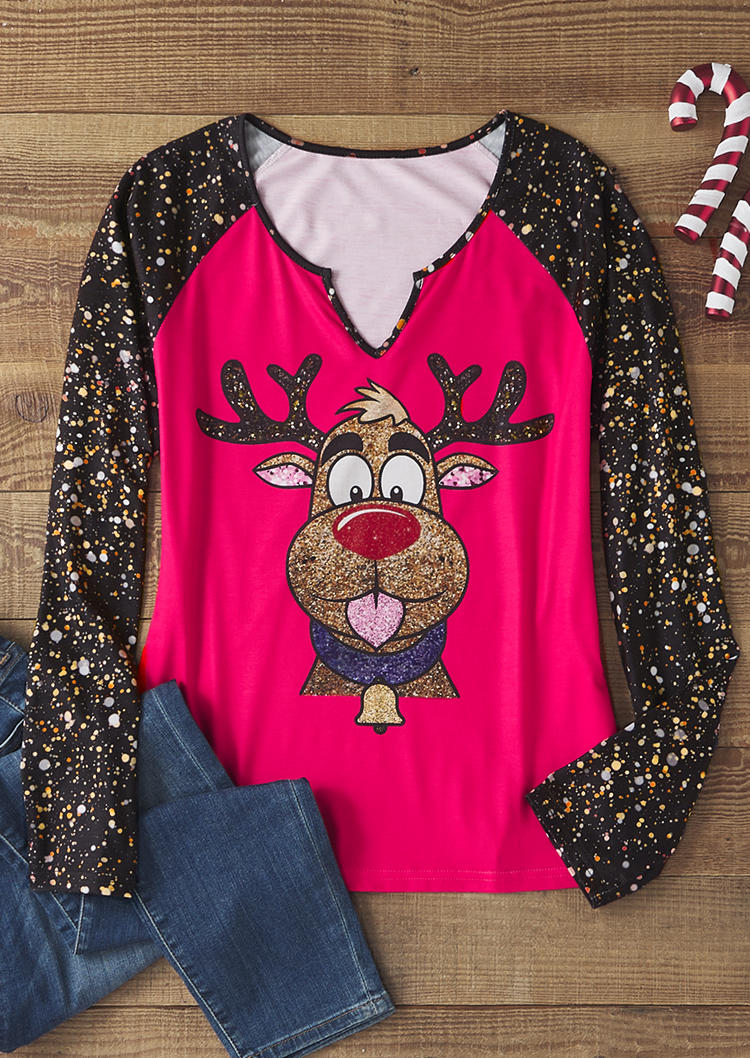 

T-shirts Tees Christmas Retro Reindeer Sparkly Glitter T-Shirt Tee - Rose Red in Red. Size: L,,XL