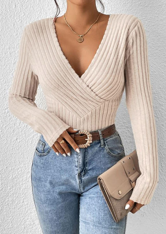 

Blouses Ribbed V-Neck Long Sleeve Blouse in Apricot. Size