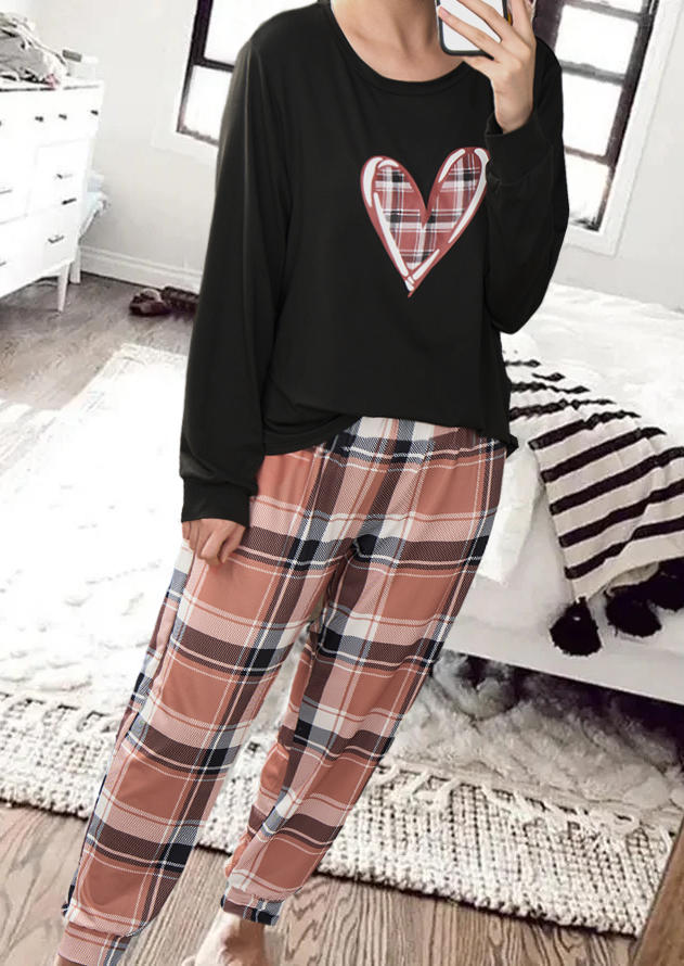 Plaid Heart Blouse And Pants Pajamas Set