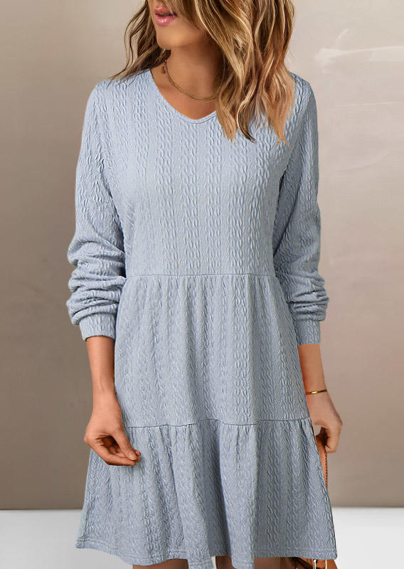 Textured Ruffled Long Sleeve Mini Dress - Green