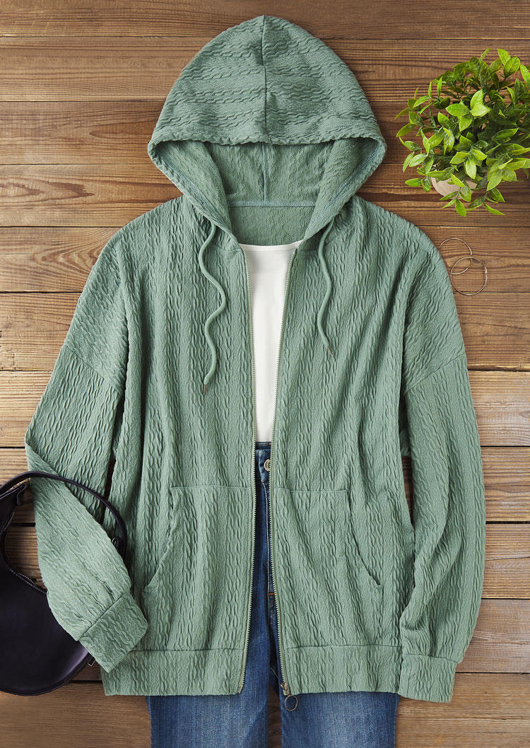 

Hoodies Textured Pocket Zipper Drawstring Hoodie in Green. Size: L,,XL