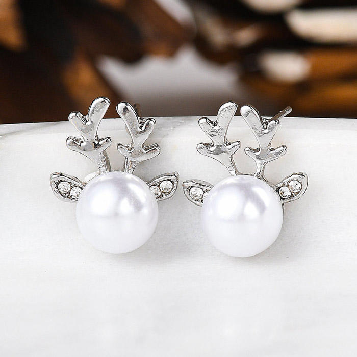 Elegant Imitation Pearl Antler Rhinestone Earrings