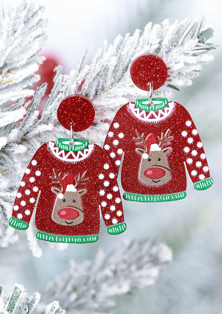 

Earrings Christmas Sweater Glitter Reindeer Snowman Earrings in Red. Size