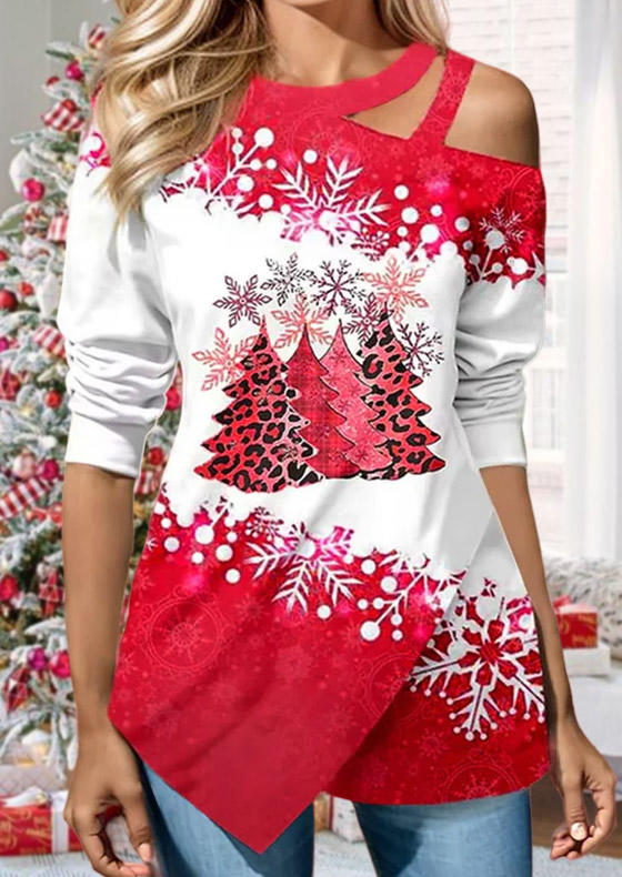 

Blouses Christmas Tree Snowflake Hollow Out Blouse in Red. Size: L,M