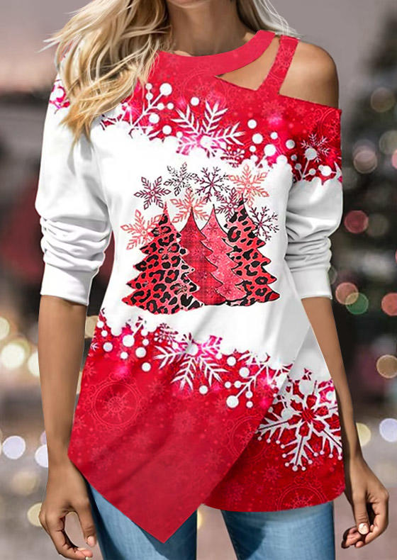 Christmas Tree Snowflake Hollow Out Blouse - Red