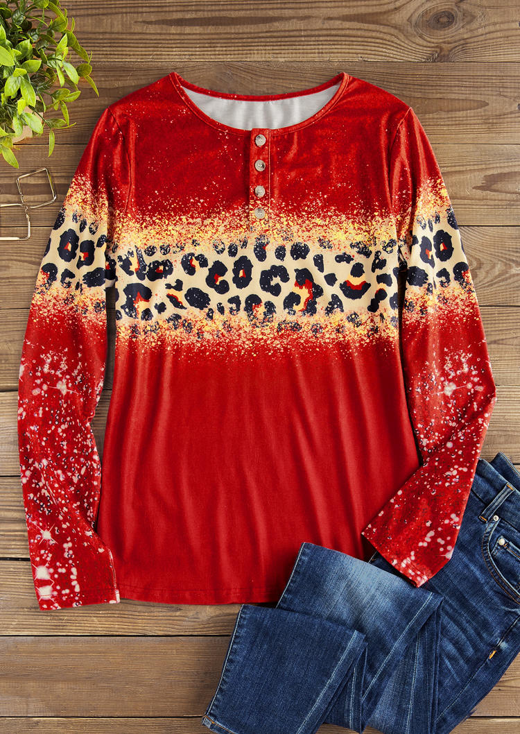 

Blouses Leopard Glitter Button Trendy Long Sleeve Blouse in Red. Size