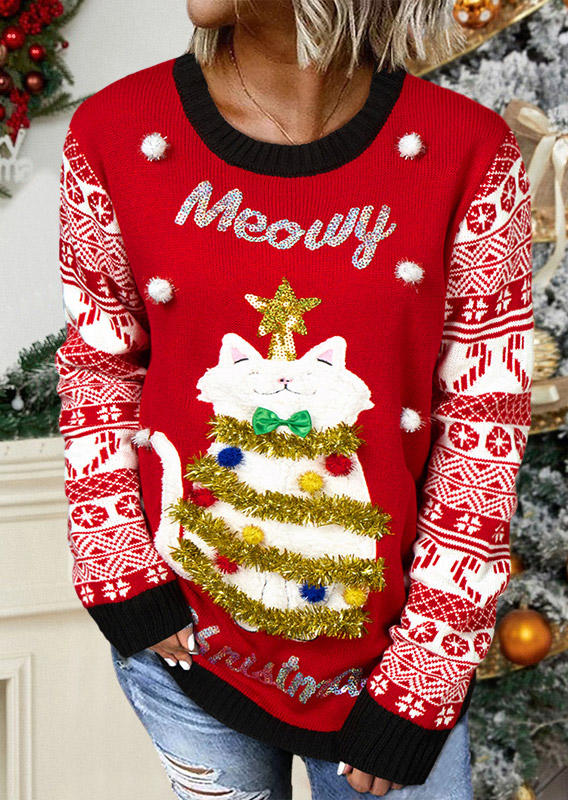 Merry Christmas Snowflake Cat Sweater - Red