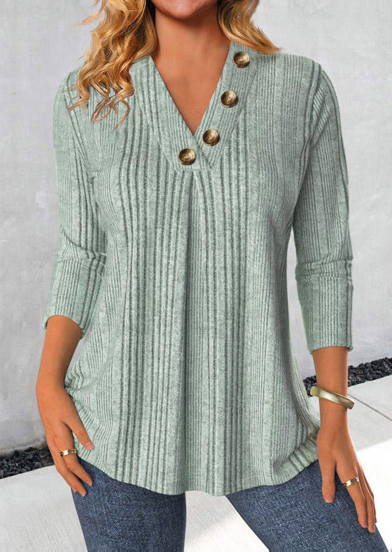 

Blouses Ribbed Button Ruffled V-Neck Blouse - Light Green in Green. Size