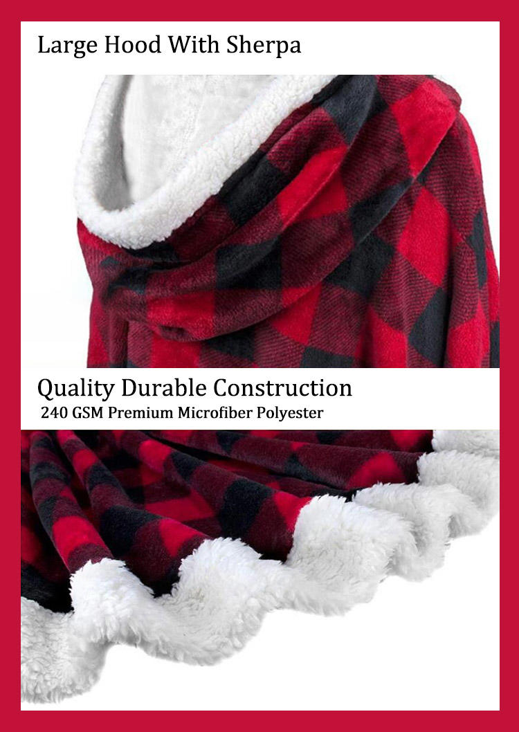 

Blouses Plaid Wearable Wrap Flannel Hooded Blanket Shawl Cape in Red. Size